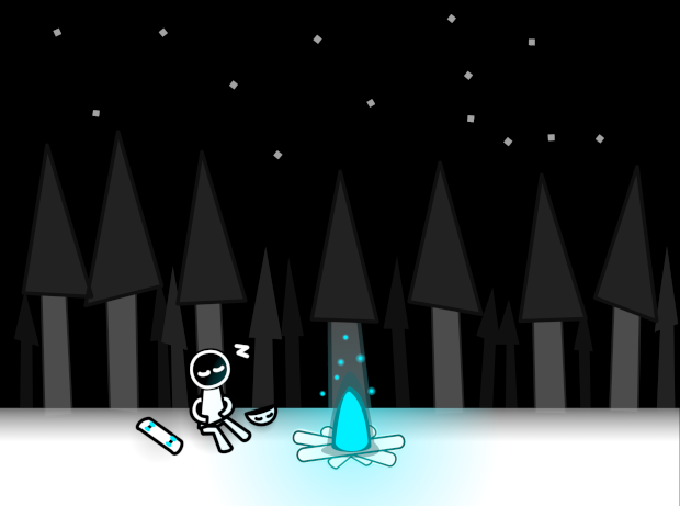 A lone skateboarder resting by a fireplace in the woods